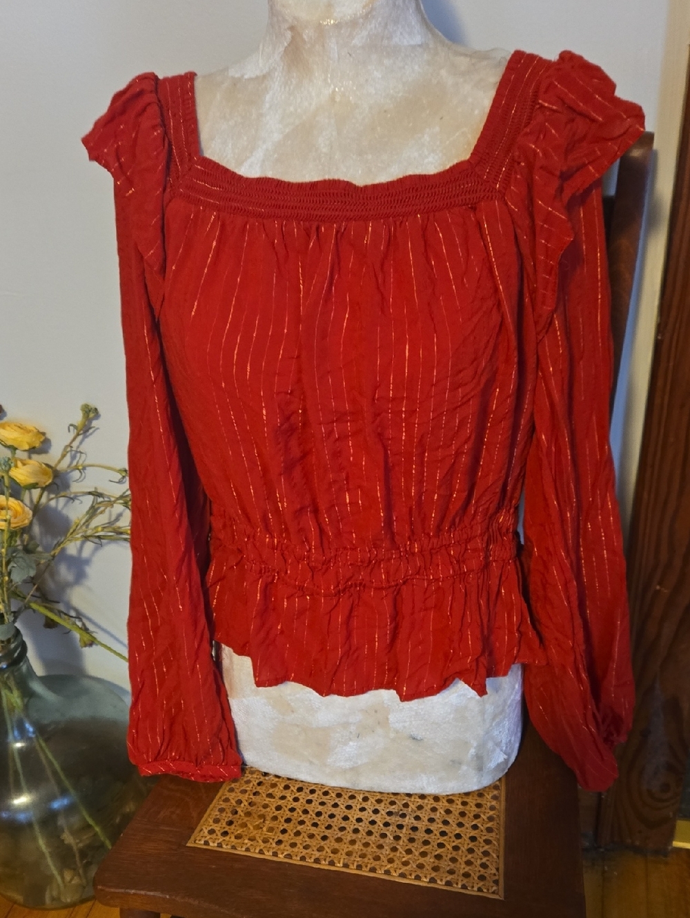 Red Long-Sleeve Ruffled Peasant Top - Picture 2 of 4